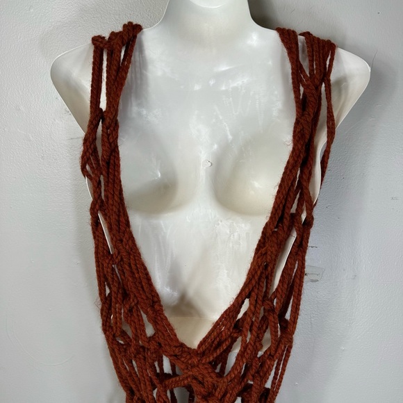 custom hand knit knotted rust red net dress sleeveless scoop neck high low artsy - Picture 9 of 15